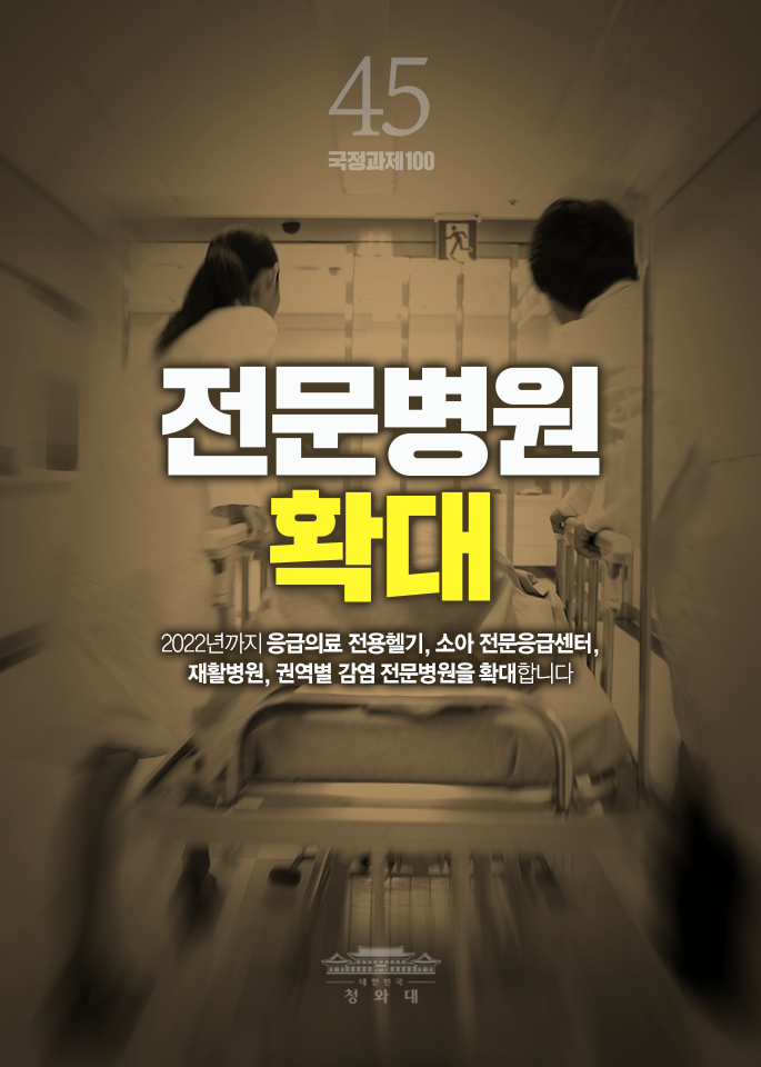 전문병원 확대-2022년까지 응급의료 전용헬기, 소아 전문응급센터, 재활병원, 권역별 감염 전문병원을 확대합니다.