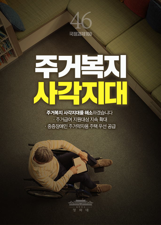 주거복지 사각지대-주거복지 사각지대를 해소하겠습니다. 주거급여 지원대상 지속 확대, 증증장애인 주거약자용 주택 우선 공급