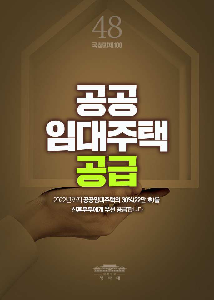 공공 임대주택 공급-2022년까지 공공임대주택의 30%(22만 호)를 신혼부부에게 우선 공급합니다.