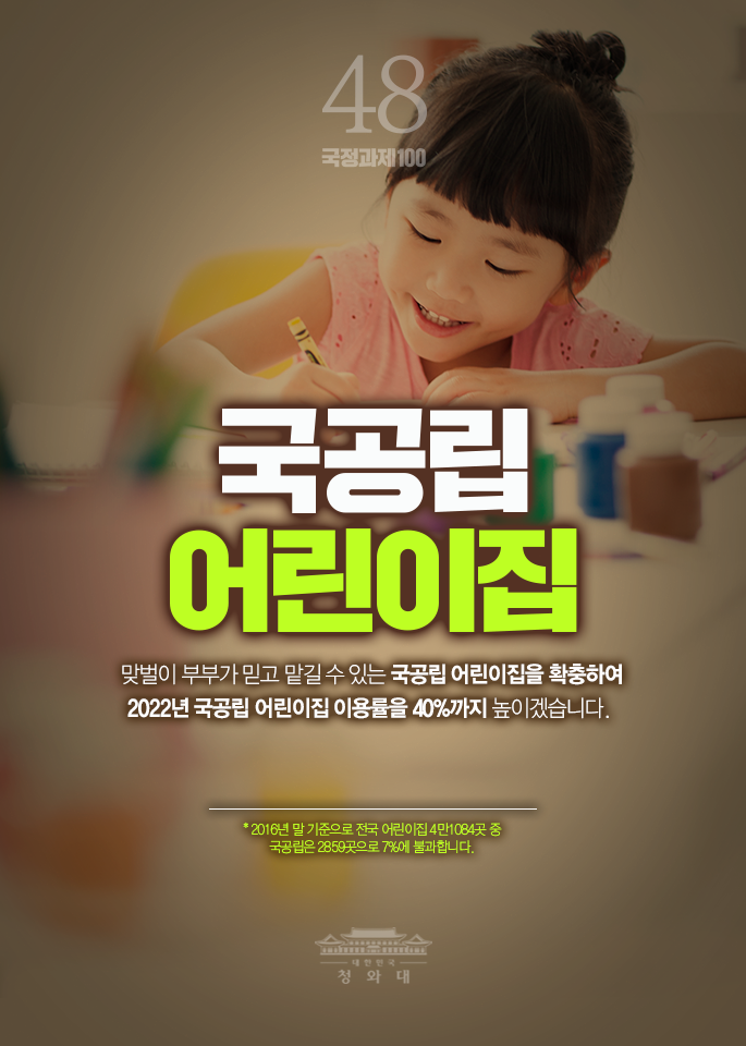 국공립 어린이집-맞벌이 부부가 믿고 맡길 수 있는 국공립 어린이집을 확충하여 2022년 국공립 어린이집 이용률을 40%까지 높이겠습니다.