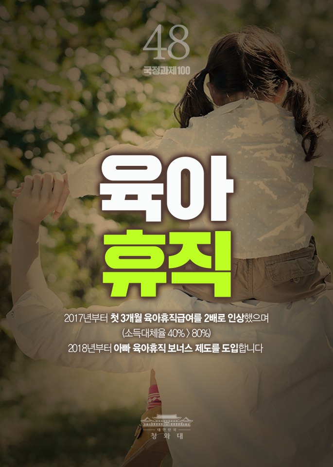 육아휴직-2017년부터 첫 3개월 육아휴직즙여를 2배로 인상했으며(소득대체율 40% > 80%)2018년부터 아빠 육아휴직보너스 제도를 도입합니다.