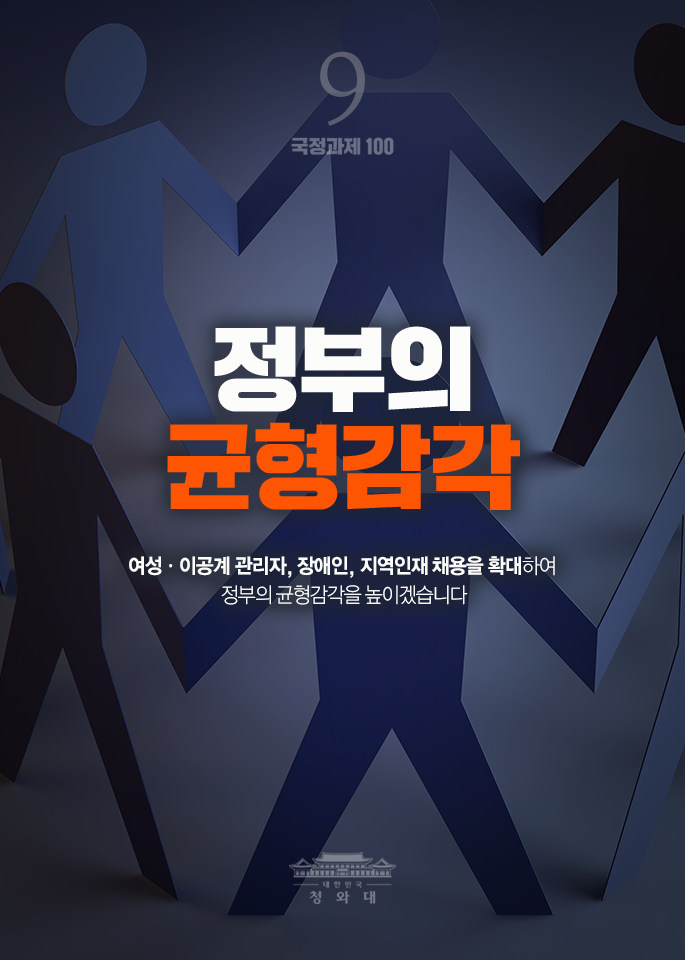 정부의 균형감각-여성,이공계 관리자, 장애인, 지역인재 채용을 확대하여 정부의 균형감각을 높이겠씁니다.