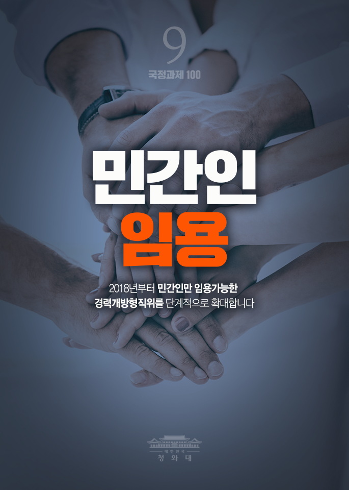 민간인 임용-2018년부터 민간인만 임용가능한 경력개방형직위를 단계적으로 확대합니다.