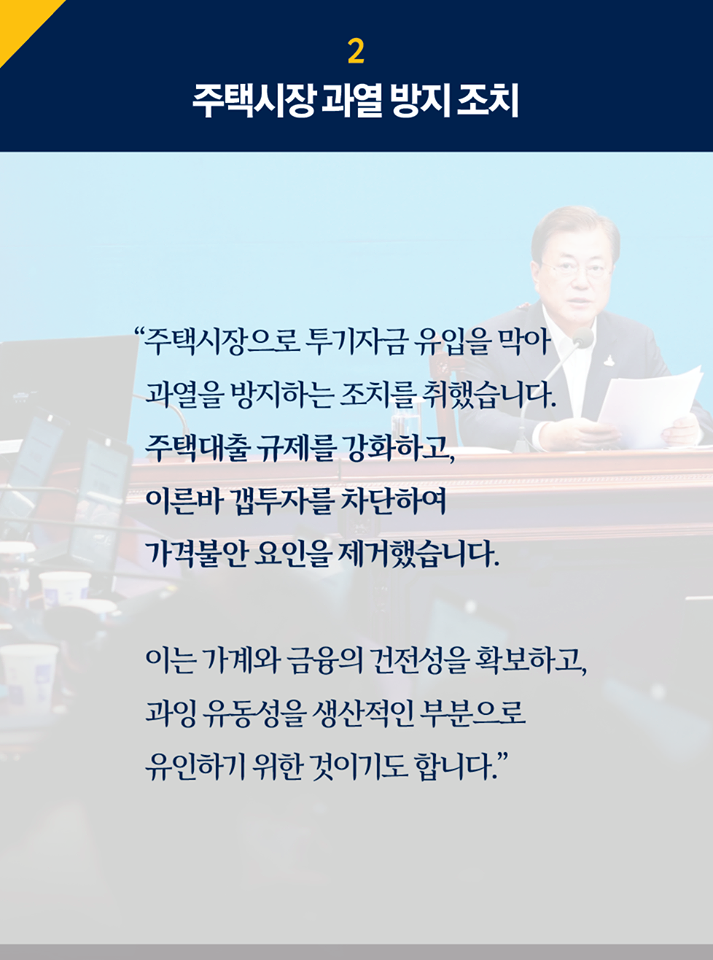 2.주택시장 과열 방지
"주택시장으로 투기자금 유입을 막아 과열을 방지하는 조치를 취했습니다.
주택대출 규제를 강화하고, 이른바 갭투자를 차단하여 가격불안 요인을 제거했습니다.

이는 가계와 금융의 건전성을 확보하고, 과잉 유동성을 생산적인 부분으로 유인하기 위한 것이기도 합니다."