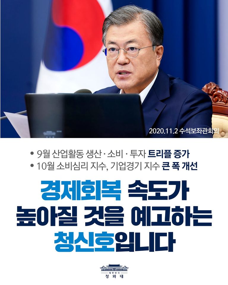 "경제심리도 10월 들어
큰 폭으로 개선되었습니다.

소비심리 지수, 기업경기 지수 모두
두 자리 수 증가를 기록했는데,
모두 11년 6개월 만의 최대 증가폭입니다.

이 역시 경제회복의 속도가
높아질 것을 예고하는 청신호입니다."

- 2020.11.2 수석보좌관회의에서 문재인 대통령