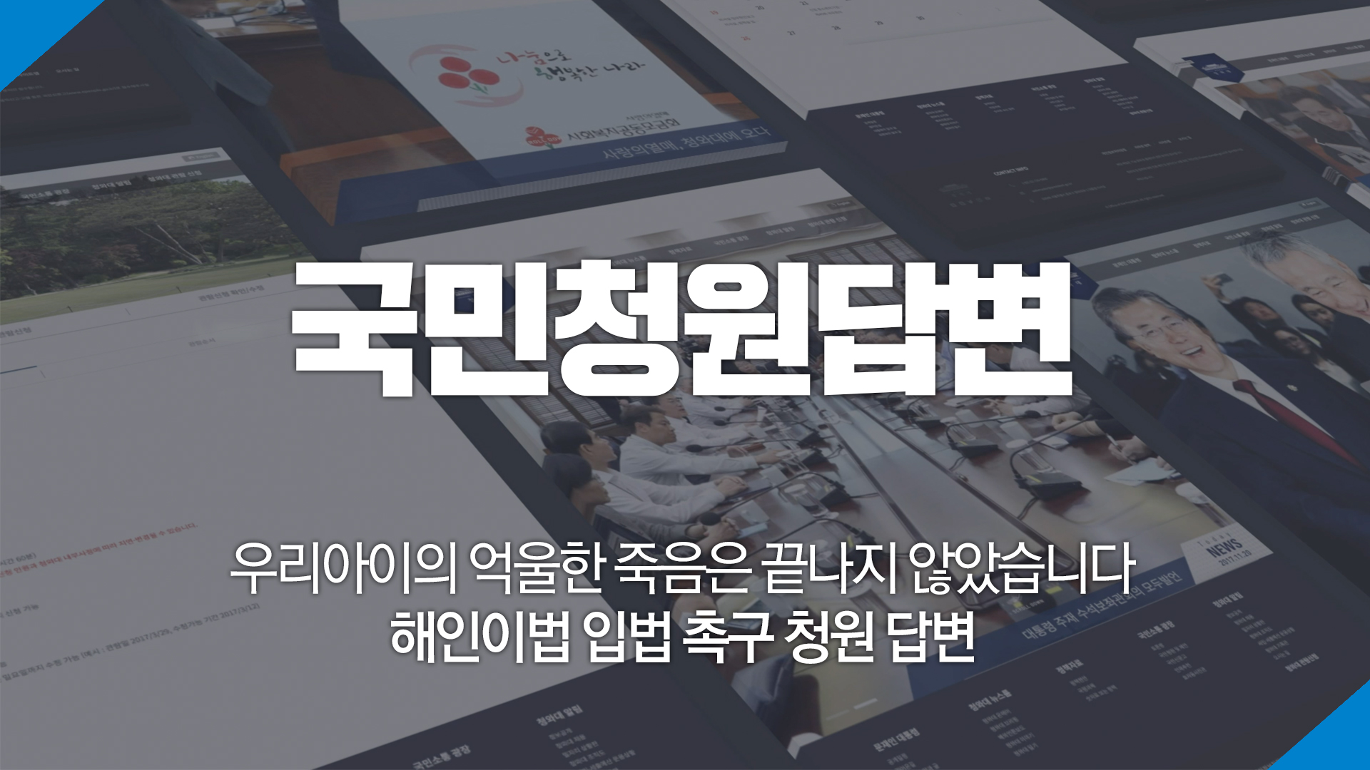 지난 2020년 1월 10일 청와대는 <어린이생명안전법안 통과 촉구> 청원과 <해인이법 입법> 청원에 대한 답변을 드린 바 있습니다. 어린이 보호구역 개선과 어린이 교통사고 예방을 위해 정부가 『어린이 보호구역 교통안전 강화대책TF』를 구성해 세우고 있는 대책에 대한 설명이었습니다.  이번 답변은 어린이 안전관리에 관해 추가 답변을 드리고자 합니다.   첫째, 해인이법(어린이 안전관리에 관한 법률)의 조속한 통과를 위해서 최선의 노력을 다하겠습니다. 그동안 어린이 안전에 관한 문제가 여러 법률에 규정되어 있고 주관 부처가 일원화되어 있지 않아 종합적이고 체계적인 어린이 안전대책이 만들어지지 못한 측면이 있습니다.    현재 해인이법은 일부 수정을 거쳐 국회 행정안전위원회 법안심사소위를 통과하였으며, 전체회의 의결을 앞두고 있습니다. 다만, 동 법률의 주관기관을 어느 부처로 해야 하는지에 대한 이견이 있어, 향후 행정안전위원회 전체회의와 법제사법위원회에서 이 부분에 대한 논의가 있을 것으로 예상됩니다.     정부는 국회와 협력하여 20대 국회 임기 내에 해인이법이 제정될 수 있도록 노력하는 한편, 어느 부처의 소관인가라는 형식적인 문제에 관계없이, 어린이 안전이 최우선적 가치로 자리매김할 수 있도록 하는 노력도 지속하겠습니다.   둘째, 보도와 차도가 구분되지 않은 구역에서의 안전관리를 위한 다양한 대책을 추진하겠습니다.   지난 1월 7일 정부가 발표한 어린이보호구역 교통안전 종합대책에도 포함된 ‘현재 통학버스 승·하차 구역 도입’을 적극적으로 검토하겠습니다. 앞으로 연구용역을 실시하여 타당성을 검토하는 한편, 시설유형 및 도로여건을 고려한 운영 매뉴얼 작성도 추진할 계획입니다.    도입 타당성에 대한 공감대가 형성되면 도로교통법 개정과 어린이·노인 및 장애인 보호구역의 지정 및 관리에 관한 규칙 개정을 추진하겠습니다.      ※ (도로교통법 개정) 승하차구역 설치 근거 조항 신설, (어린이보호구역 규칙 개정) 주정차, 노상주차장 설치 금지 예외사항 신설   또한 지난 1월 10일 답변드린 것과 같이, 보·차도가 분리되지 않아 사고 우려가 큰 어린이 보호구역 4,705개소 중 경찰관이 배치되지 않았던, 3,615개소에도 모두 경찰관을 추가로 배치해 등하교 시간대에 어린이들이 안전하게 통학할 수 있도록 안내하고 있습니다.   앞으로 학교 담장이나 축대를 안쪽으로 이전하여 통학로를 마련하거나 학교 안쪽에 우선적으로 안전한 통학로를 만드는 방안 등도 추진해 나가겠습니다.    보행공간 확보가 어려운 구역에 대해서는 시간제 차량 통행 제한 및 보행자 우선 통행권 부여 등을 통해 어린이들의 안전을 확보해 나가겠습니다.    안전펜스의 설치가 꼭 필요한 곳에는 반드시 이를 설치하도록 하겠습니다. 안전펜스는 보행자 보호 목적이지만 운전자의 시야를 제한하는 측면도 있으며, 보도가 좁은 곳에 설치하는 경우 오히려 어린이들을 보도 밖으로 나와 걷게 만드는 위험성이 높아진다는 지적도 일부 있습니다. 따라서, 어린이 보호구역의 현장 여건을 고려하여 안전펜스 설치가 안전 확보에 도움이 되는 곳을 선별하고 해당 구역에는 반드시 안전펜스를 확충할 수 있도록 하겠습니다.   셋째, 어린이집의 원장과 보육교사를 대상으로 응급상황 대처교육과 지도·점검을 강화하겠습니다. 영유아보육법 31조 2항에 따라 어린이집 원장은 영유아에게 질병·사고 또는 재해 등으로 인하여 위급상태가 발생한 경우 즉시 응급의료기관에 이송해야 하며, 이를 위반한 경우 동법 56조 및 시행령 제27조 및 별표2에 따라 300만원 이하의 과태료를 납부하도록 되어있습니다. 뿐만 아니라, 응급조치 의무 위반시 동법 제46조 및 47조에 따라 어린이집 원장과 보육교사가 고의나 중과실로 영유아에게 중대한 생명·신체 또는 정신적 손해를 입힌 경우에 과태료 이외에도 1년 이내의 자격정지 처분을 받게 되어있습니다. 따라서, 처벌 강화보다는 응급상황에서 원장과 보육교사가 책무를 다할 수 있도록, 보육교직원 대상으로 응급상황에 대한 대처 교육을 강화하고 현장점검을 통해서 실질적으로 응급조치가 이루어질 수 있도록 개선하겠습니다.    넷째, 어린이 보호 목적의 CCTV 열람권이 보장될 수 있도록 제도를 개선해 나가겠습니다.  보호자가 영유아보육법 제15조의5 제1항 제1호에 따라 어린이집의 원장에게 영상정보의 열람을 요청한 경우 열람 요청을 거부할 특별한 사유가 없는 경우 이에 응해야 하며, 영상자료에 정보주체 외에 제3자 영상이 포함된 경우 제3자로부터 열람 동의를 받을 필요는 없습니다.  따라서 향후 보호자의 적합한 열람 요구시 거부 사례가 발생하지 않도록 교육과 지도점검을 강화하겠습니다. 또한, 영상정보의 열람권 강화를 위해 현재 어린이집 원장이 영상정보 열람 요구에 대한 조치사항과 내용을 수기로 작성하는 것을, 금년중에 보육통합정보시스템을 개선하여 열람실태에 대한 정확한 현황을 시스템에 기록하도록 추진할 계획입니다.    이와는 별도로, 행정안전부는 CCTV 영상과 정당한 이해관계가 있는 자(사건사고 피해자 등)에게 열람을 허용하는 내용을 포함하는 「개인영상정보의 보호 등에 관한 법률안」을 마련하여 국회에 제출(2017년 12월)한 바 있습니다. 동 법률안은 제정법률안으로서 국회 심의가 지연된 측면이 있습니다만, 정부는 동 법률안이 20대 국회 임기 내에 통과될 수 있도록 국회와 협력할 것이며 이후에도 지속적인 노력을 기울일 것이라는 점을 말씀드립니다.    마지막으로 공탁금제도와 양형기준에 관련하여 말씀드리겠습니다. 공탁금이 공탁되었다는 사정을 형의 가중·감경요소로 참작할지 여부는 재판의 독립이 보장되는 사법부(해당 재판부)의 고유한 판단영역이므로, 이 부분에 대해서는 정부가 구체적인 답변을 드릴 수 없음을 양해바랍니다. 다만 정부는 법령이나 제도개선 등을 통해 합리적인 양형기준이 정립될 수 있도록 계속 노력해 나가겠습니다.    어린이 안전대책은 아무리 강조해도 지나치지 않습니다.  정부는 앞으로도 어린이 안전과 보호를 위해 할 수 있는 노력을 다하겠습니다.     정부합동 어린이보호구역 교통안전 강화대책 발표.pdf