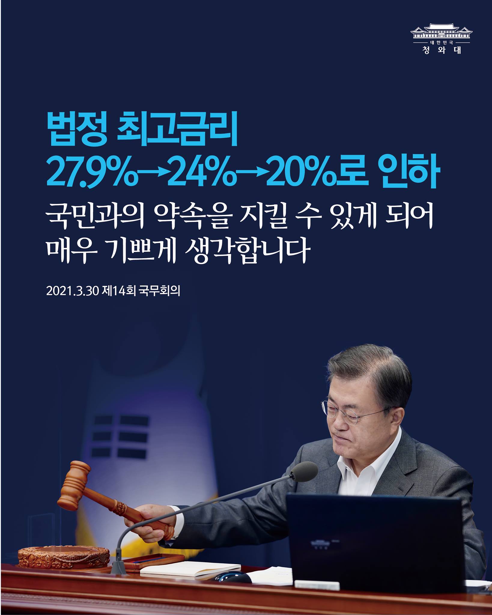 "오늘 법정 최고금리를 20%로 인하하는 이자제한법·대부업법 시행령을 의결합니다. 우리 정부 들어 최고금리를 27.9%→24%로 인하한 데 이어, 이번에 더 낮추게 됐습니다. 국정과제로 선정한 국민과의 약속을 지킬 수 있게 되어 매우 기쁘게 생각합니다."

-2021.3.30 제14회 국무회의
