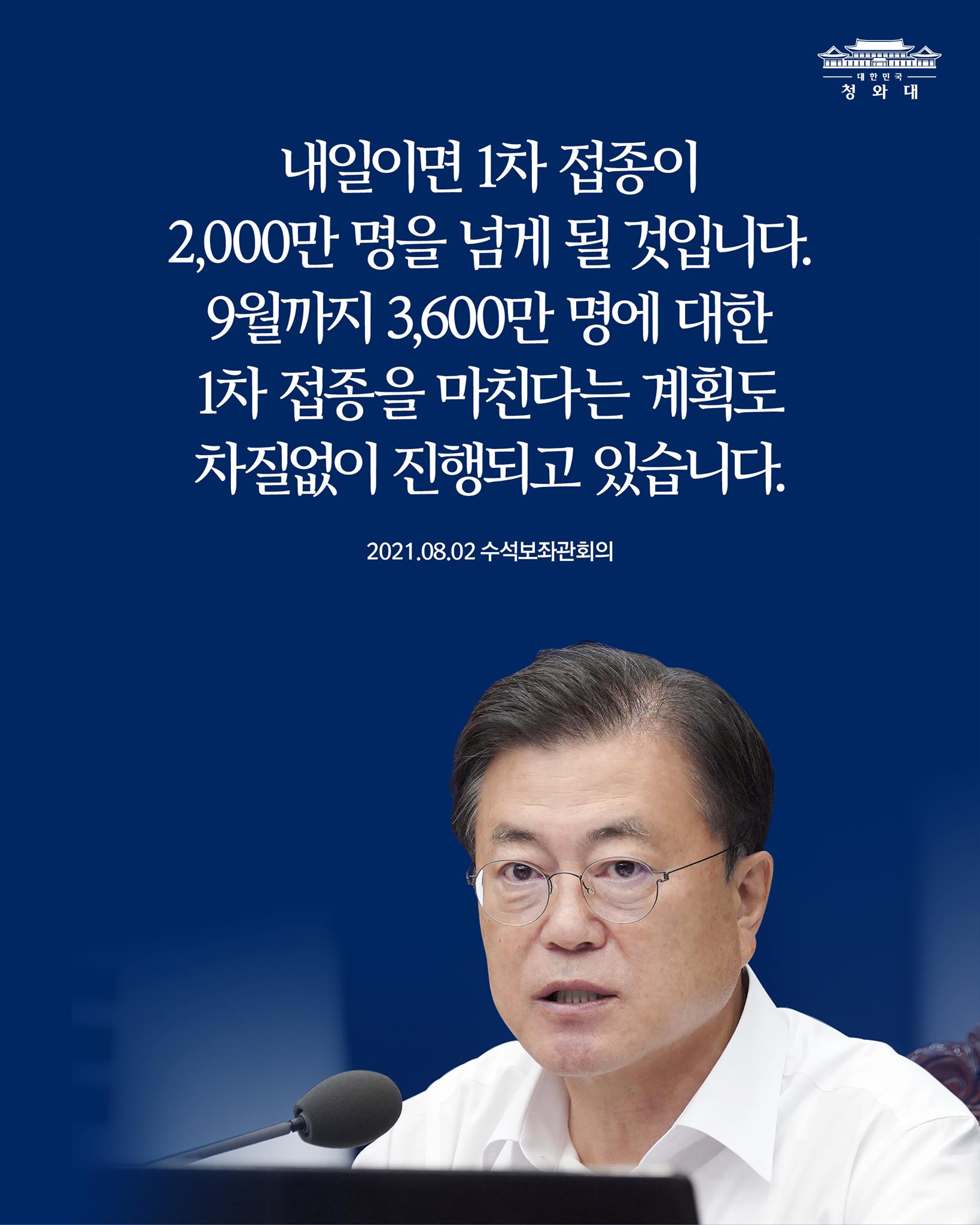 내일이면 1차 접종이
2,000만 명을 넘게 될 것입니다.
9월까지 3,600만 명에 대한 
1차 접종을 마친다는 계획도
차질없이 진행되고 있습니다.

2021.8.2. 수석보좌관회의