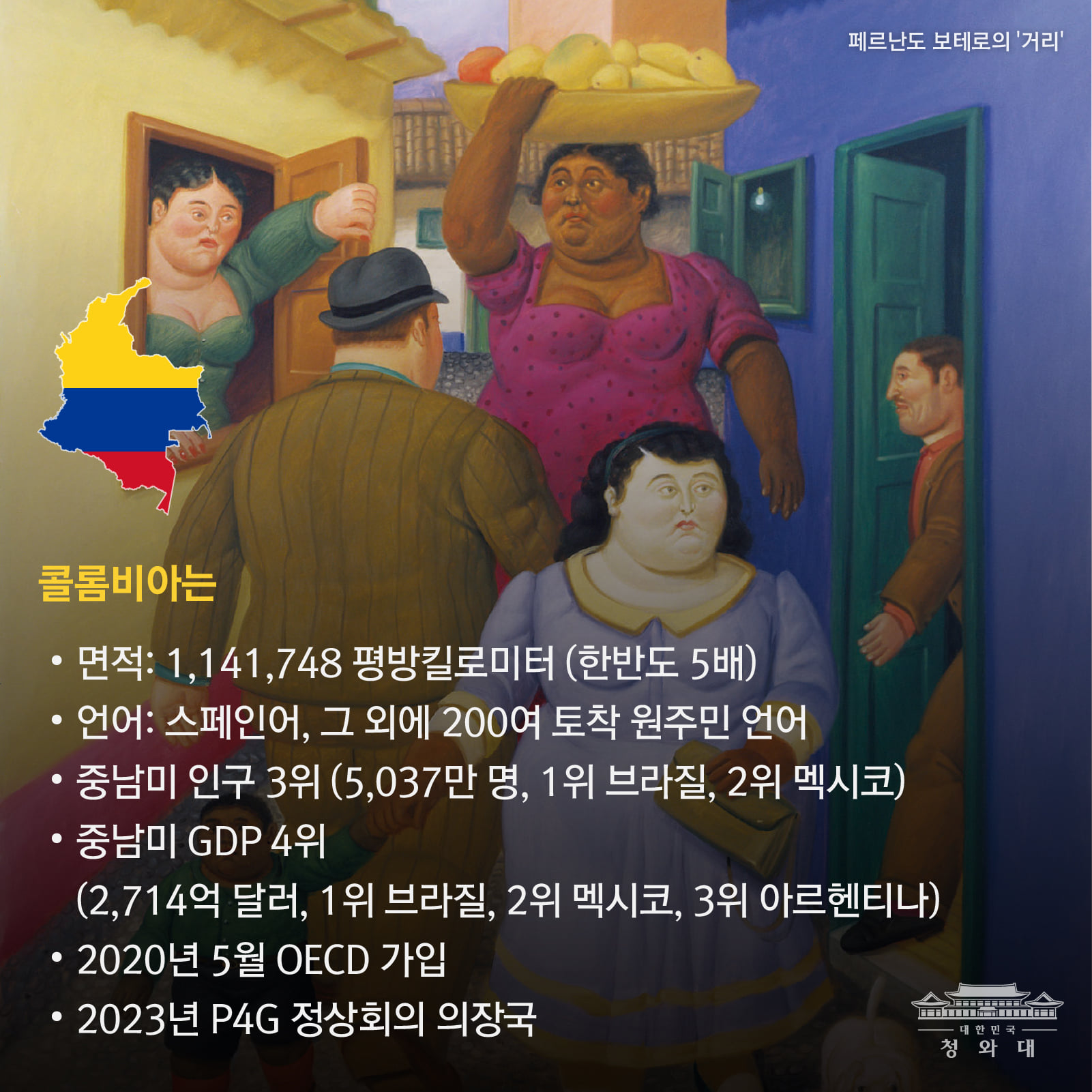 콜롬비아는 

면적: 1,141,748 평방킬로미터(한반도 5배)
언어: 스페인어, 그 외에 200여 토착 원주민 언어
중남미 인구 3위(5,037만 명, 1위 브라질, 2위 멕시코)
중남미 GDP 4위
(2,714억 달러, 1위 브라질, 2위 멕시코, 3위 아르헨티나)
2020년 5월 OECD 가입
2023년 P4G 정상회의 의장국