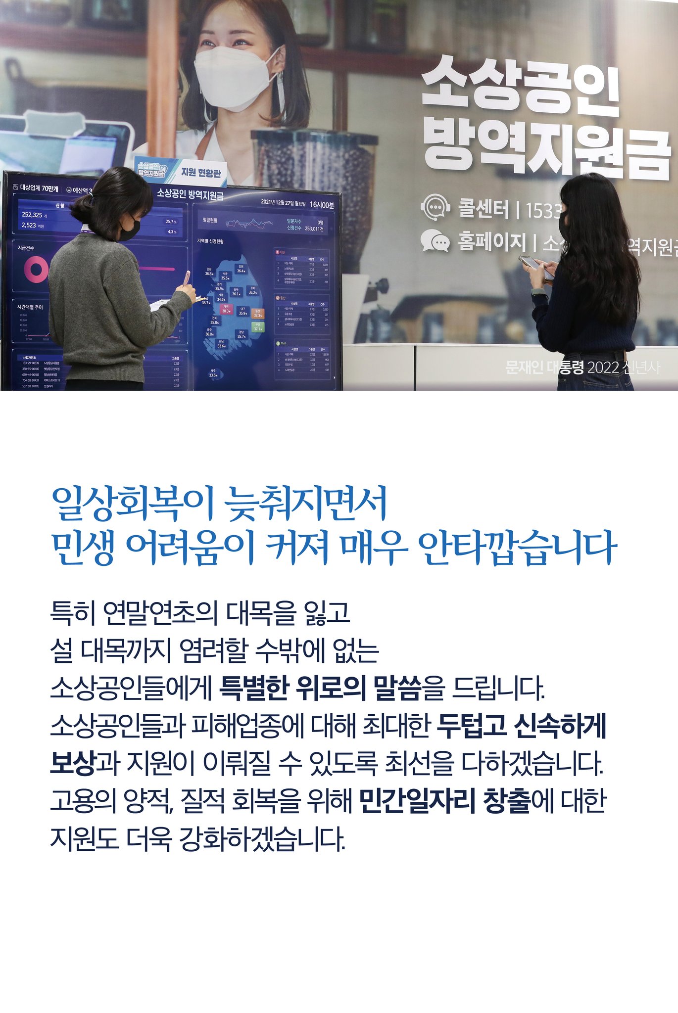 일상회복이 늦춰지면서 민생에 어려움이 커지고 있어서 매우 안타깝습니다
특히 연말연초의 대목을 잃고 설 대목까지 염려할 수밖에 없는 소상공인들에게 특별한 위로의 말씀을 드립니다.
소상공인들과 피해업종에 대해 최대한 두텁고 신속하게 보상과 지원이 이뤄질 수 있도록 최선을 다하겠습니다.
고용의 양적, 질적 회복을 위해 민간일자리 창출에 대한 지원도 더욱 강화하겠습니다.
격차를 줄여가는 포용적 회복에 전력을 다하겠습니다