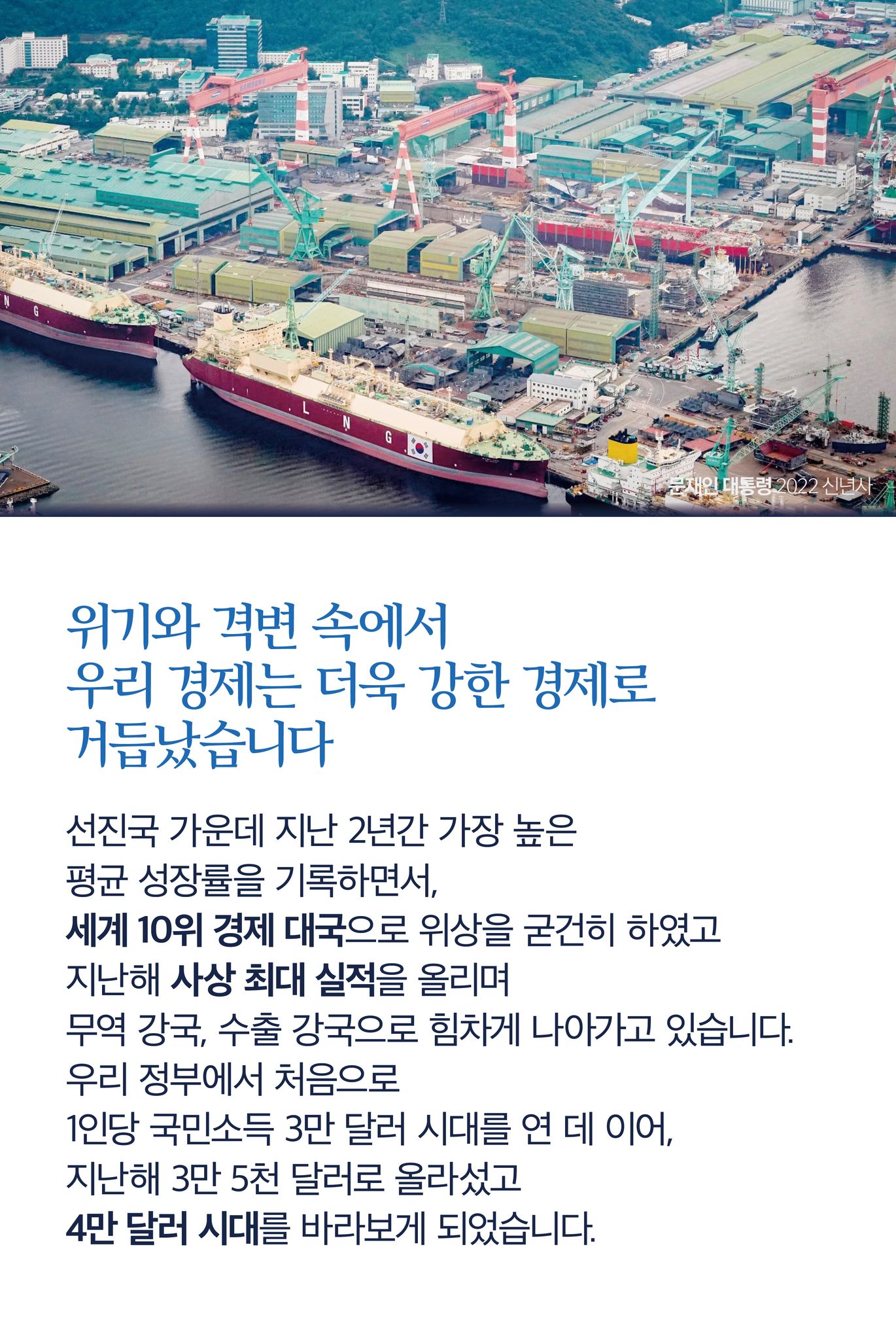 위기와 격변 속에서 우리 경제는 더욱 강한 경제로 거듭났습니다
선진국 가운데 지난 2년간 가장 높은 평균 성장률을 기록하면서, 세계 10위 경제 대국으로 위상을 굳건히 하였고, 지난해 사상 최대 실적을 올리며 무역 강국, 수출 강국으로 힘차게 나아가고 있습니다.
우리 정부에서 처음으로 1인당 국민소득 3만 달러 시대를 연 데 이어, 지난해 3만 5천 달러로 올라섰고, 4만 달러 시대를 바라보게 되었습니다.