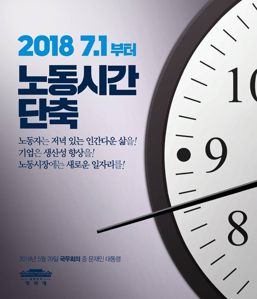 7월 1일부터, 노동시간을 단축합니다. 
노동자는 인간다운 삶을 
기업은 생산성 향상을 
노동시장에는 새로운 일자리를! 