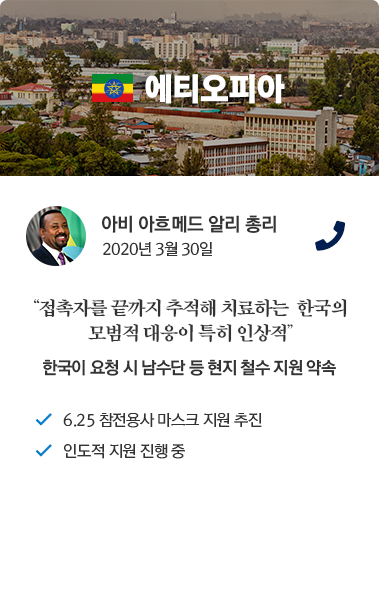 에티오피아 카드뉴스 아비 아흐메드 알리 총리 2020년 3월 30일 통화. '접촉자를 끝까지 추적해 치료하는 한국의 모범적 대응이 특히 인상적' 한국이 요청 시 남수단 등 현지 철수 지원 약속. 6.25 참전용사 마스크 지원 추진, 인도적 지원 진행 중