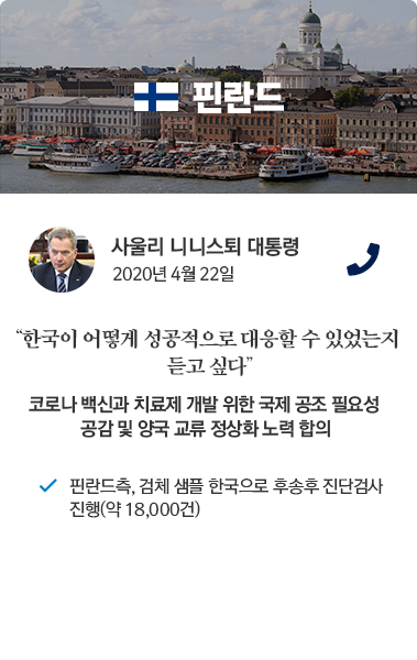 핀란드 카드뉴스 사울리 니니스퇴 대통령 2020년 4월 22일 통화. '한국이 어떻게 성공적으로 대응할 수 있었는지 듣고 싶다.' 코로나 백신과 치료제 개발 위한 국제 공조 필요성 공감 및 양국 교류 정상화 노력 합의. 핀란드측, 검체 샘플 한국으로 후송 후 진단검사 진행 (약 18,000건)