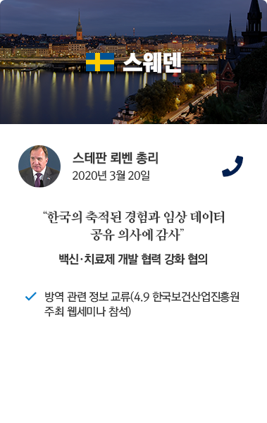 스웨덴 카드뉴스 세타판 뢰벤 총리 2020년 3월 20일 통화. '한국의 축적된 경험과 임상 데이터 공유 의사에 감사.' 백신, 치료제 개발 협렵 강화 협의. 방역 관련 정보 교류(4.9 한국보건산업진흥원 주최 웹세미나 참석)