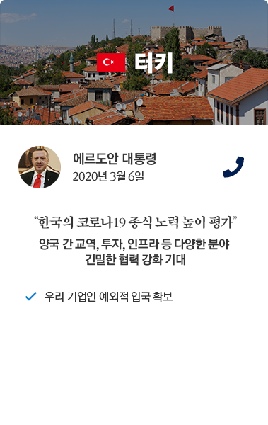 터키 카드뉴스 에드로안 대통령 2020년 3월 6일 통화. '한국의 코로나19 종식 노력 높이 평가' 양국 간 교역, 투자, 인프라 등 다양한 분야 긴밀한 협력 강화 기대. 우리 기업인 예외적 입국 확보