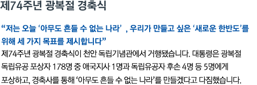 제74주년 광복절 경축식 '저는 오늘 ‘아무도 흔들 수 없는 나라’, 우리가 만들고 싶은 ‘새로운 한반도’를 위해 세 가지 목표를 제시합니다' 제74주년 광복절 경축식이 천안 독립기념관에서 거행됐습니다. 대통령은 광복절 독립유공 포상자 178명 중 애국지사 1명과 독립유공자 후손 4명 등 5명에게 포상하고, 경축사를 통해 '아무도 흔들 수 없는 나라'를 만들겠다고 다짐했습니다.