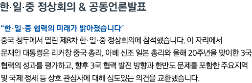 '한•일•중 협력의 미래가 밝아졌습니다' 중국 청두에서 열린 제8차 한•일•중 정상회의에 참석했습니다. 이 자리에서 문재인 대통령은 리커창 중국 총리, 아베 신조 일본 총리와 올해 20주년을 맞이한 3국 협력의 성과를 평가하고, 향후 3국 협력 발전 방향과 한반도 문제를 포함한 주요지역 및 국제 정세 등 상호 관심사에 대해 심도있는 의견을 교환했습니다.