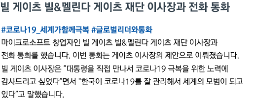 빌 게이츠 빌&멜린다 게이츠 재단 이사장과 전화 통화 #코로나19_세계가함께극복 #글로벌리더와통화 마이크로소프트 창업자인 빌 게이츠 빌&멜린다 게이츠 재단 이사장과 전화 통화를 했습니다. 이번 통화는 게이츠 이사장의 제안으로 이뤄졌습니다. 빌 게이츠 이사장은 “대통령을 직접 만나서 코로나19 극복을 위한 노력에 감사드리고 싶었다”면서 “한국이 코로나19를 잘 관리해서 세계의 모범이 되고 있다”고 말했습니다.