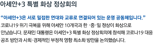 아세안+3 특별 화상 정상회의 “아세안+3은 서로 밀접한 연대와 교류로 연결되어 있는 운명 공동체입니다” 코로나19 위기 극복을 위해 아세안 10개국과 한‧중‧일 정상이 화상으로 만났습니다. 문재인 대통령은 아세안+3 특별 화상 정상회의에 참석해 코로나19 대응 공조 방안과 사회‧경제적인 부정적 영향 최소화 방안을 논의했습니다.