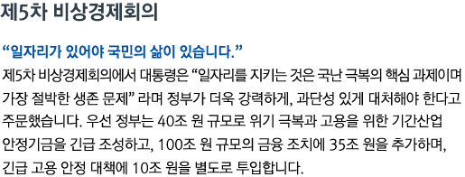 제5차 비상경제회의 “일자리가 있어야 국민의 삶이 있습니다” 제5차 비상경제회의에서 대통령은 '일자리를 지키는 것은 국난 극복의 핵심 과제이며 가장 절박한 생존 문제'라며 정부가 더욱 강력하게, 과단성 있게 대처해야 한다고 주문했습니다. 우선 정부는 40조 원 규모로 위기 극복과 고용을 위한 기간산업 안정기금을 긴급 조성하고, 100조 원 규모의 금융 조치에 35조 원을 추가하며, 긴급 고용 안정 대책에 10조 원을 별도로 투입합니다.