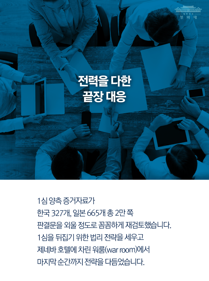 전력을 다한 끝장 대응
1심 양측 증거자료가 한국 327개, 일본 665개 총 2만쪽 판결문을 외울 정도로 꼼꼼하게 재검토했습니다. 1심을 뒤집기 위한 법리 전략을 세우고 제네바 호텔에 차린 워룸에서 마지막 순간까지 전략을 다듬었습니다.