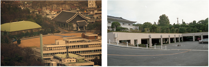 사진 좌측 경내 테니스장과 우측 춘추관이 나란히 보인다(1993). 사진 좌측 경내 테니스장과 우측 춘추관이 나란히 보인다(1993).