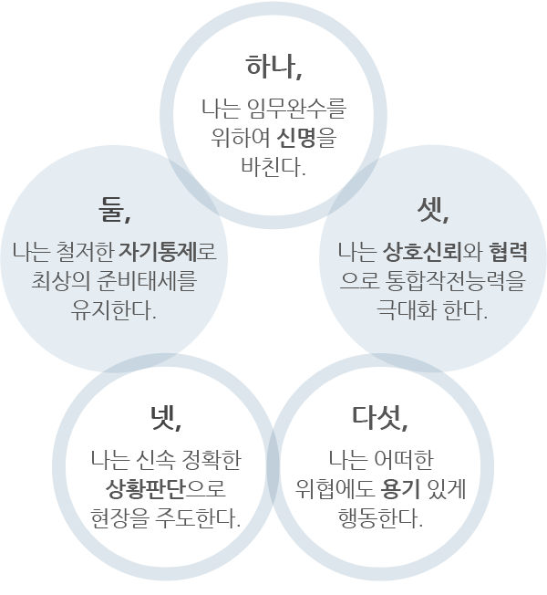 하나, 나는 임무완수를 위하여 신명을 바친다. 둘, 나는 철저한 자기통제로 최상의 준비태세를 유지한다. 셋, 나는 상호신뢰와 협력으로 통합작전능력을 극대화한다. 넷, 나는 신속 정환한 상황판단으로 현장을 주도한다. 다섯, 나는 어떠한 위협에도 용기있게 행동한다.