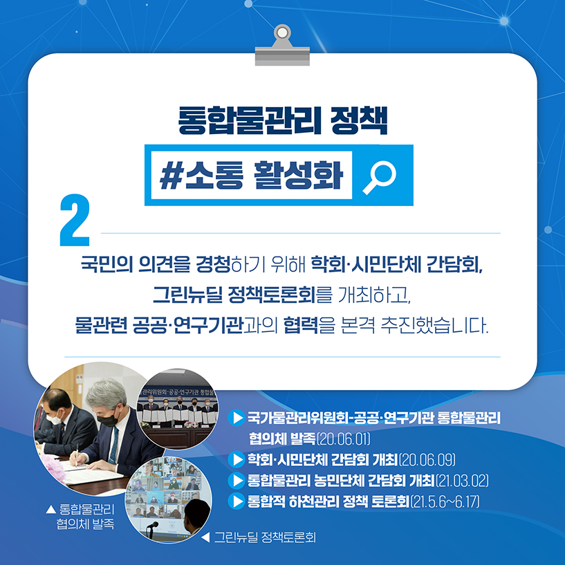 2. 통합물관리 정책
#소통 활성화
국민의 의견을 경철하기 위해 학회·시민단체 간담회,
그린뉴딜 정책토론회를 개최하고,
물관련 공공·연구기관과의 협력을 본격 추진했습니다.
▶ 국가물관리위원회-공공·연구기관 통합물관리 협의체 발족(20.06.01)
▶ 학회·시민단체 간담회 개최(20.06.09)
▶ 통합물관리 농민단체 간담회 개최(21.03.02)
▶ 통합적 하천관리 정책 토론회(20.5.6~6.17)
[사진] 통합물관리 협의체 발족
[사진] 그린뉴딜 정책토론회