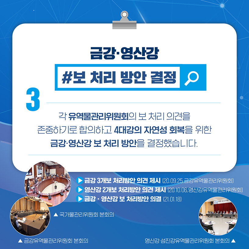 3. 금강·영산강 
#보 처리 방안 결정
각유역물관리위원회의 보 처리 의견을
존중하기로 합의하고 4대강의 자연성 회복을 위한
금강·영산강 보 처리 방안을 결정했습니다.
▶ 금강 3개보 처리방안 의견 제시(20.09.25, 금강유역물관리위원회)
▶ 영산강 2개보 처리방안 의견 제시(20.10.06, 영산강유역물관리위원회)
▶ 금강·영산강 보 처리방안 의결(21.01.18)
[사진] 국가물관리위원회 본회의
[사진] 금강유역물관리위원회 본회의
[사진] 영산강·섬진강유역물관리위원회 본회의