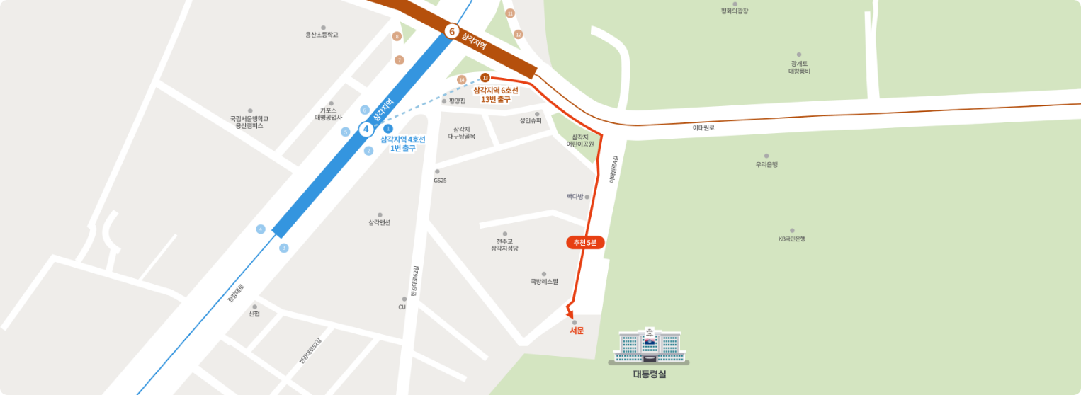 4호선 삼각지역 1번 출구에서 99m 이동 오른쪽 방향으로 139m 이동 삼각지어린이공원에서 오른쪽 방향 201m 이동 서문 도착 6호선 삼각지역 13번 출구에서 125m 이동 삼각지어린이공원에서 오른쪽 방향 201m 이동 서문 도착 6호선 신용산역(아모레퍼시픽) 1번 출구에서 13m 이동 오른쪽 방향으로 22m이동 신용산역(아모레퍼시픽) 1번 출구에서 횡단보도 건너 34m 이동 직진 721m 이동 오른쪽 방향으로 139m 이동 삼각지어린이공원에서 오른쪽 방향 201m 이동 서문 도착